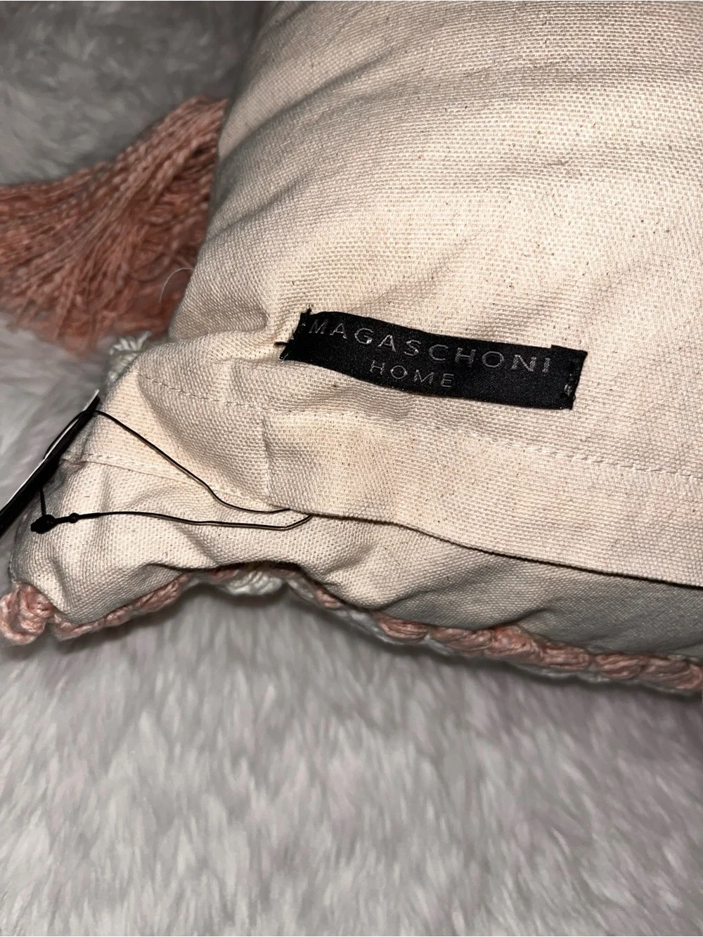 Magaschoni Pink and Cream Boho Textured Fringe Accent Pillow